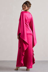 Hot Pink Satin Plunge Cape Maxi Dress